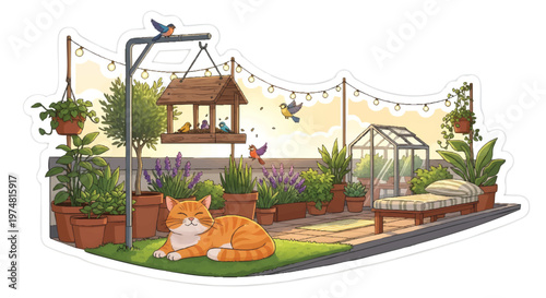 cartoon cat relaxing in garden with greenhouse and plants