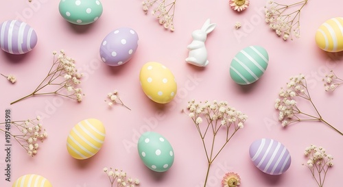 Festive easter day celebration colorful eggs bunny floral decorations on pink background