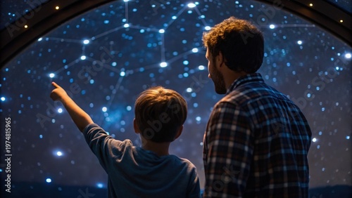 Father Day A child and an adult observe and point at a starry constellation map in a dark, immersive space setting.
