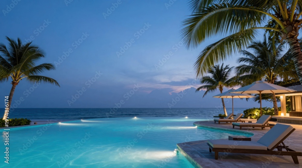 Fototapeta premium Sunset view of poolside with palm trees and ocean in background at a tropical location
