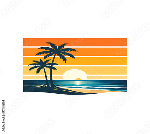 Palm Trees On Beach At Sunset With Ocean Waves And Colorful Sky