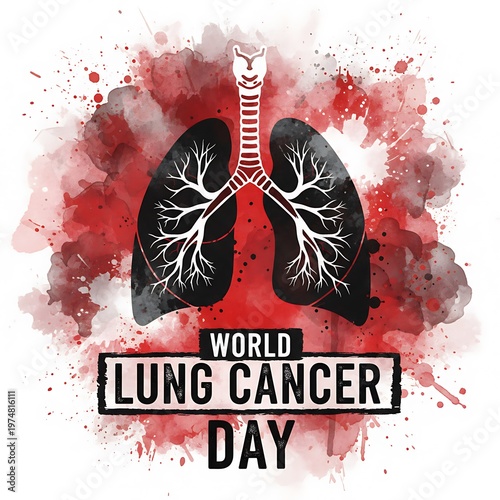 Human lung graphic with bronchi, trachea, and grunge text, highlighted by dark red watercolor splatters
