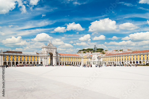 Commerce Plaza on Sunny Day. Blue Sky with Clouds. Lisbon Old Town, Portugal