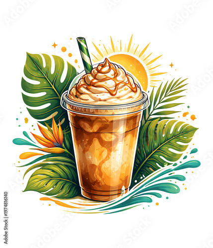 Refreshing Iced Coffee With Whipped Cream And Caramel Drizzle Tropical Leaves