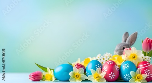 Festive easter day celebration colorful eggs bunny and spring flowers