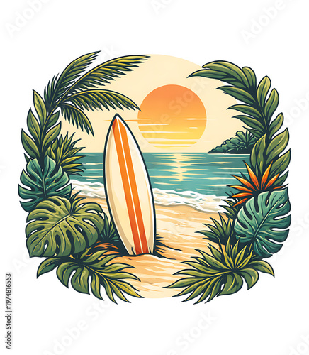 Surfboard On Tropical Beach At Sunset Surrounded By Palm Leaves