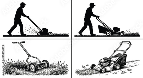 Lawn mowing illustrations set with manual and modern grass cutter machines