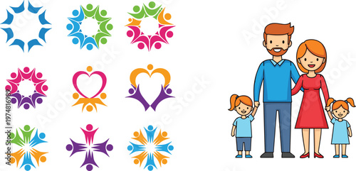Set of Vector Icons Featuring Colorful Floral Designs and a Family Illustration with Parents and Two Children in Flat Style