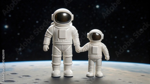 Father Day Two astronauts holding hands on the moon’s surface with Earth and stars in the background.