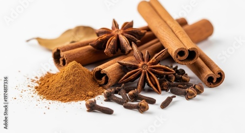 Warm, rustic macro shot showcasing fragrant cinnamon sticks, powdered cinnamon, and autumnal baking spices like star anise and whole cloves for seasonal cooking, close up, cozy, wood