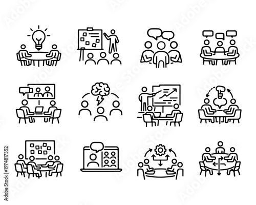 Business Meeting Line Icon Set, Teamwork Collaboration Strategy Presentation Outline Vector Pack