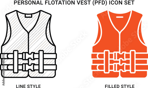 Personal flotation vest icon set with line and filled styles