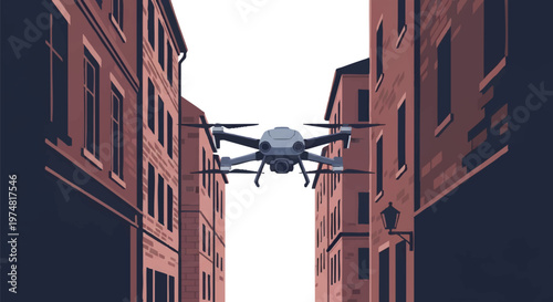 Drone flying between tall buildings in urban cityscape
