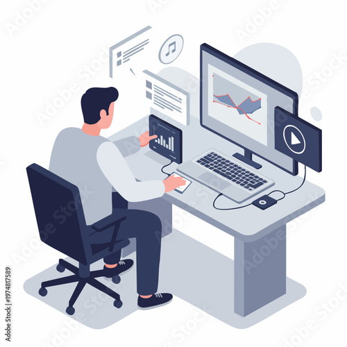 Flat Illustration Man Working on Computer with Multiple Screens at Desk