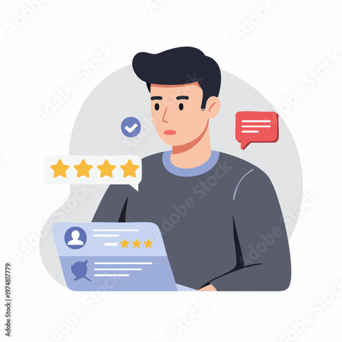 Cartoon Style Detailed Male Reading Online Review on the Computer Illustration