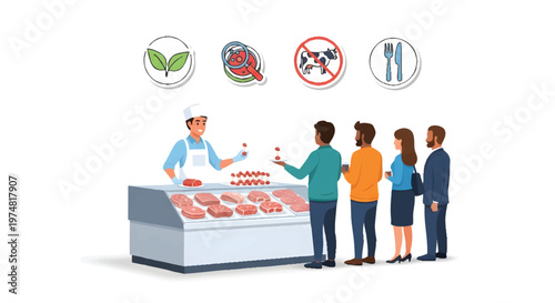 People choosing meat at a butcher shop counter with food icons