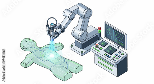 Futuristic Robotic Surgery System and AI Medical Scanning Illustration with Digital Human Patient and Control Console
