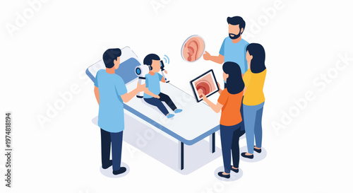 Isometric Illustration of a Pediatric Ear Examination: ENT Doctor Using Video Otoscope and Tablet to Show Child's Health Results to Parents in a Medical Clinic
