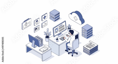 Isometric Illustration of Doctor Managing Electronic Health Records and Medical Data on a Cloud Server. Digital Patient Information Management and Healthcare Database Concept.