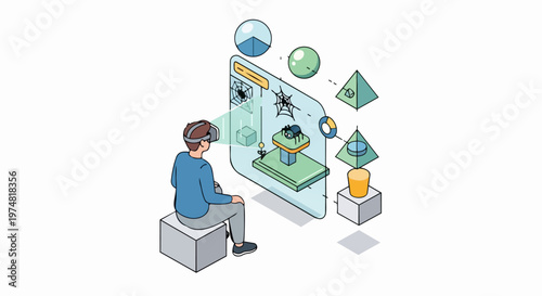 Isometric Illustration of a Person Using VR Goggles for 3D Modeling, Game Development, and Virtual Reality Interface Design