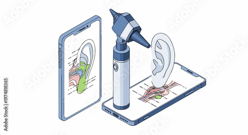 Telemedicine Otolaryngology Concept with Otoscope and Smartphone Displaying Human Ear Anatomy for Remote Medical Diagnosis and Hearing Healthcare