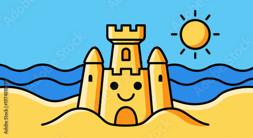 Smiling Cartoon Sand Castle Beach.