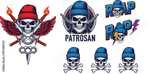 Skull Illustrations with Beanie Hats and Crossed Swords, Urban Graffiti Style, Tattoo-Inspired Vector Design for Clothing, Streetwear, and Graphics