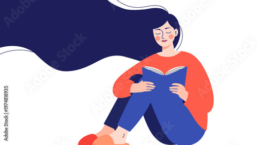 Young Woman Reading Book Flat Illustration Relaxing Girl Study Concept
