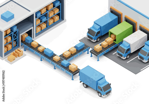 Trucks loading packages on conveyor belt.