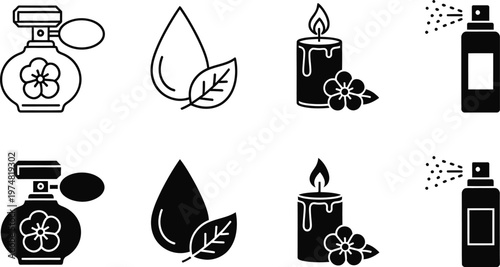 Elegant perfume aromatherapy icon set vector illustration for beauty wellness and fragrance products