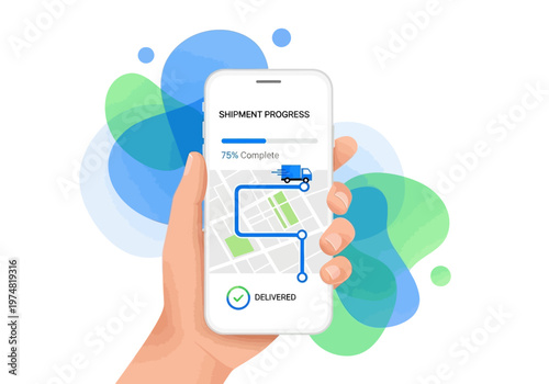 Hand holding smartphone with map.