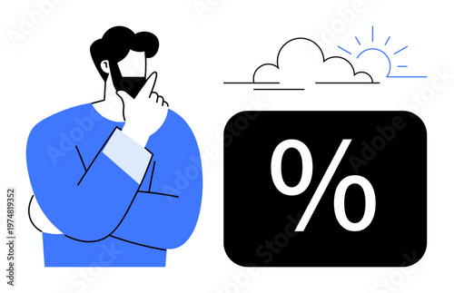 Financial planning, decision-making, business analysis, economic growth, idea generation, problem-solving. A man thinking beside a percentage symbol and a cloud with sun. Financial planning