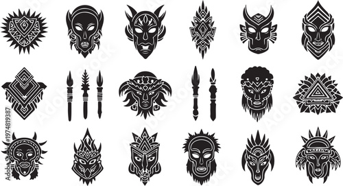 Collection of tribal masks and abstract designs on white