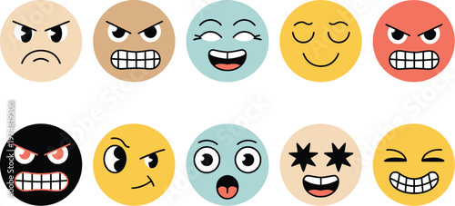 Retro emoji faces expressing diverse emotions joy anger sadness surprise colorful vintage style flat vector illustration design.