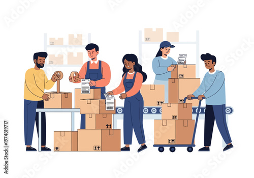 People working with cardboard boxes.