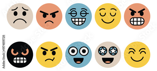 Retro emoji faces expressing diverse emotions joy anger sadness surprise colorful vintage style flat vector illustration design.