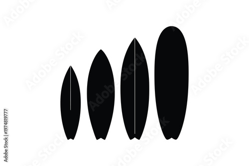 Silhouettes of four surfboards in increasing size from left to right, isolated on white background, conveying progression and growth in surfing equipment.