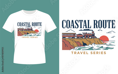 Coastal Route Travel Series Vintage Train Ocean Sunset T‑Shirt Design Vector Illustration