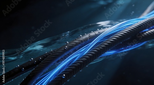 Immersion cooling concept with glowing fiber optics underwater and bubbles