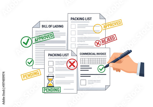 Hand holding pen on paperwork documents.