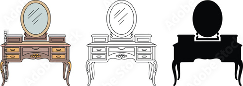 Dressing table silhouette & Outline and illustration set isolated on transparent background