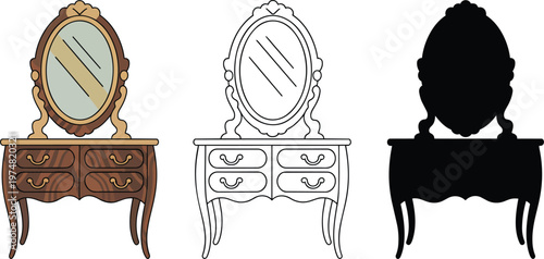 Dressing table silhouette & Outline and illustration set isolated on transparent background
