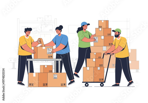 Workers Handling Cardboard Moving Boxes.