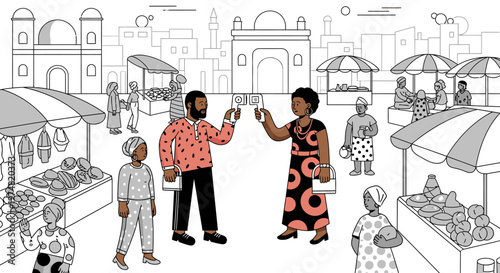 Illustrative scene of a bustling African market, a diverse couple celebrating with a toast amidst vendors and shoppers, depicting culture, community, and happiness.
