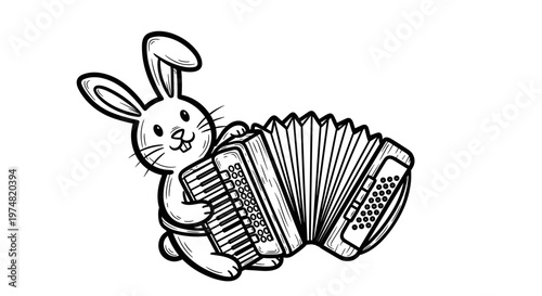 Cartoon rabbit playing accordion in black and white illustration  