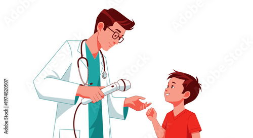 Friendly pediatrician conducting a medical examination on a young boy using a flashlight for a routine health check-up, symbolizing child care.