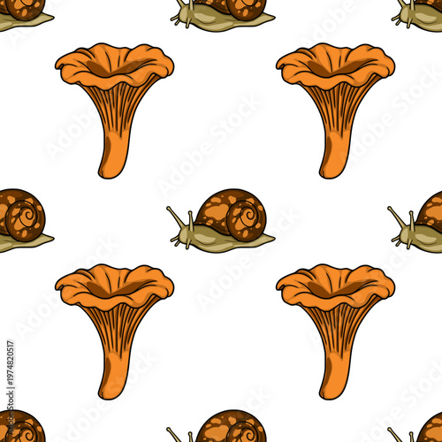 Seamless vector pattern of chanterelle mushrooms and snails, forest woodland illustration