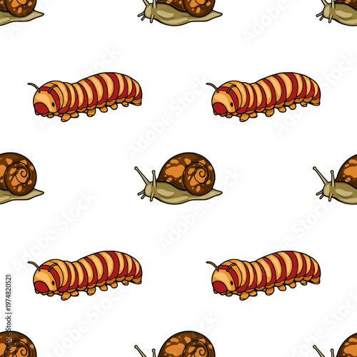 Seamless vector pattern of cute cartoon caterpillars and snails on a white background