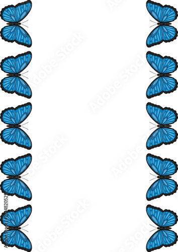 Vector poster frame with vibrant blue morpho butterflies, detailed wings, isolated on white