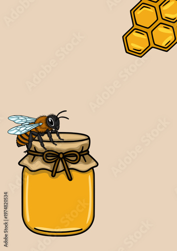 Whimsical vector illustration of a bee perched on a jar of golden honey with a honeycomb detail